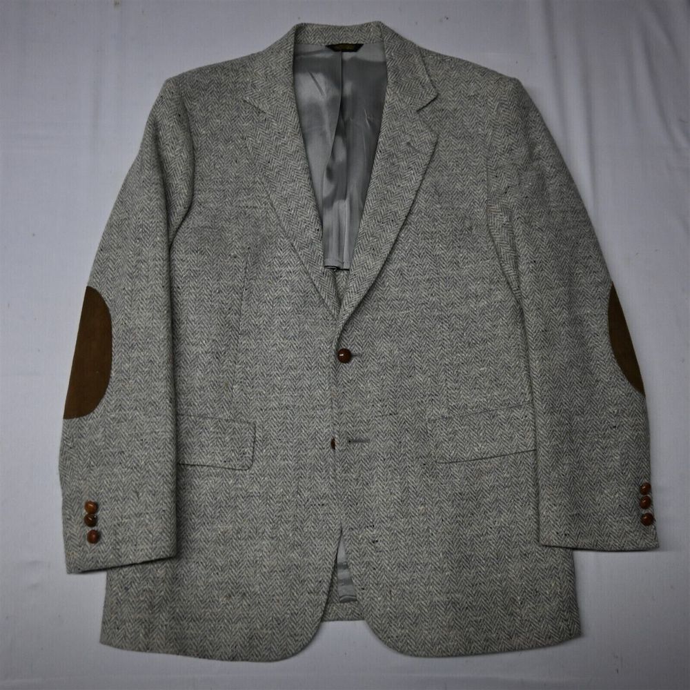 Vtg 90s 42R Gray White Herringbone Tweed Wool Mens Blazer Jacket Sport Coat‎